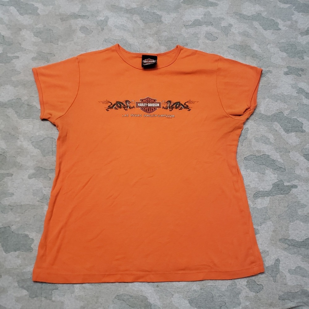 Vintage Harley Davidson Top Womens XL Orange‎ Short Sleeve Y2k Motorcycle Bike